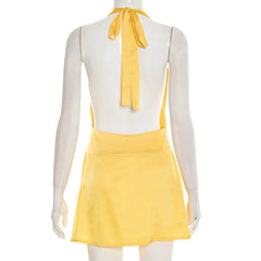 Yellow Satin Plunge Halter Mini Dress