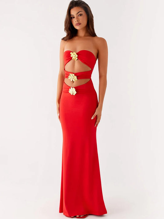 Orange Metal Rose Hollow Out Maxi Dress
