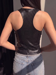 Black PU Textured Leather Transparent Strap Tank Top