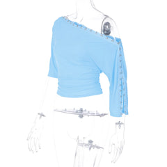 Off- Shoulder Hook Button Slit Sleeve Top