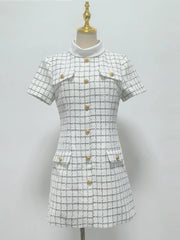 White High Collar Plaid Button Up Mini Dress