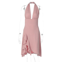 Pink Deep V Neck Halter Frill Hem Mini Dress