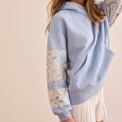 Floral Embroidered Patchwork Sleeve Hoodie Sweatshirt