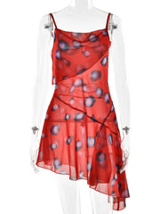 Red Printed Sheer Cowl Neck Mini Dress