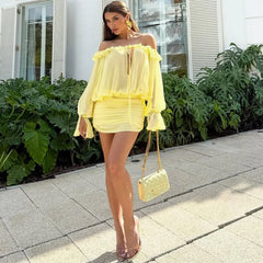 Yellow Off-Shoulder Sheer Ruched Mini Dress