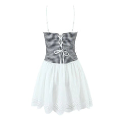 Plaid White Patchwork Eyelet Flare Sling Mini Dress