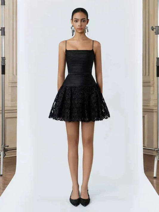 Black Pleated Strappy Lace Mesh Hem Mini Dress