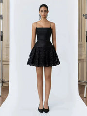 Black Pleated Strappy Lace Mesh Hem Mini Dress