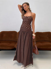 Polka Dot Patchwork Print Halter Maxi Dress