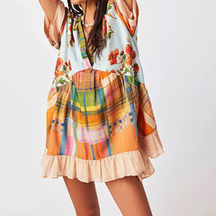 Floral Print Short Sleeve V-Neck Ruffled Hem Loose Mini Dress with Pockets