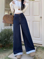 Blue Plaid Patchwork Denim Wide Leg Trousers