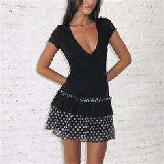 Black Polka Dot V-Neck Short Sleeve Mini Ruffle Dress