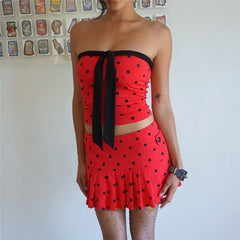 Red Polka Dot Strapless Bow Tube Top And Pleated Mini Skirt Set