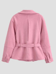 Pink Faux Suede Lapel Collar Belted Jacket