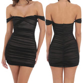 Mesh Off Shoulder Slash Neck Bodycon Mini Dress