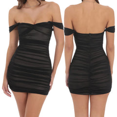 Mesh Off Shoulder Slash Neck Bodycon Mini Dress