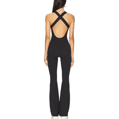 Solid V-Neck Back Cross Flare Pants Jumpsuit