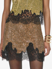 Gold Rhonestone Lace Trim Mini Skirt