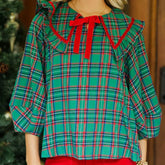 Plaid Bow Tie Puff Long Sleeve Ruffle Collared Peplum Blouse
