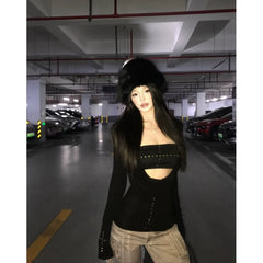 Black Long Sleeve Cut Out Drape Halter Top - Y2K Skinny Fit