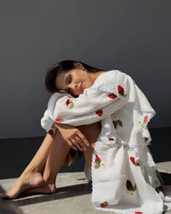 White Printed Ruffle Long Sleeve Shirt And Shorts Set