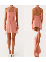 Peach Solid Strap Mini Dress with Scarf