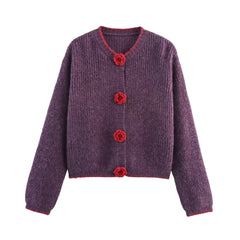 Knit Flower Buttoned Fuzzy Cardigan