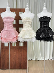 Sequin Bow Tie Tulle Hem A-line Strapless Mini Dress