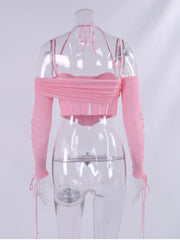 Pink Off Shoulder Lace Up Long Sleeve Corset Crop Top