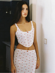 White Ribbed Rose Print Crop Corset And Midi Skirt Set