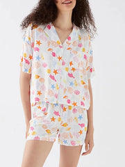 Ocean Print Button T-Shirt and Elastic Shorts Loungewear Set