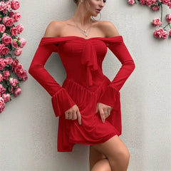 Bow Tie Up Off Shoulder Long Sleeve Short Dress