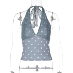 Lace Patchwork Polka Dot Halter Tie Crop Top