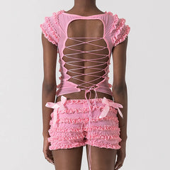 Frill Trim Lace Tie Up Top And Low Rise Shorts Set