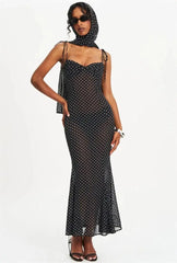 Black Polka Dot Sweetheart Neck Spaghetti Strap Scarf Maxi Dress