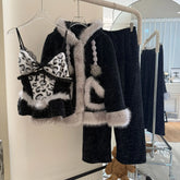 Black Fur Fleece 3 Piece Sleepwear Set