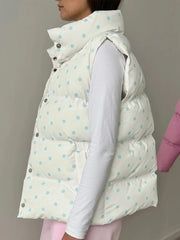 Floral Open Stitch Printed Puffer Vest