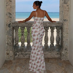 White Floral Corset Print Maxi Dress