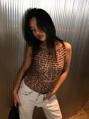 Mesh Letter Printed O-Neck Tank Top With Gloves