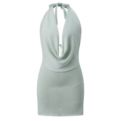 Knitted Halter Cowl Neckline Open Back Mini Bodycon Dress