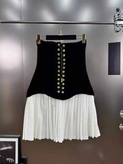 Black Velvet Strapless White Pleated Mini Dress