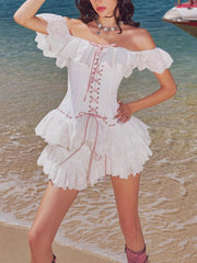 White Slash Neck Ruffle Tie Up Frill Mini Dress