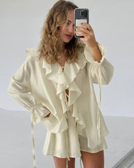 Ruffle Tie Up Shirt And Shorts Two Piece Set