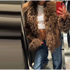Faux Fur Plush Lapel Brown Jacket