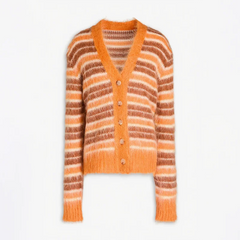 Striped Fuzzy V-Neck Knit Cardigan