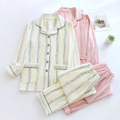 Striped Print Flannel Shirt And Pants Pajama Set