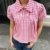 Peter Pan Collar Gingham Puff Short Sleeve Top
