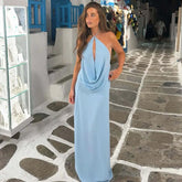 Blue Halter Drape Top And Maxi Skirt Set