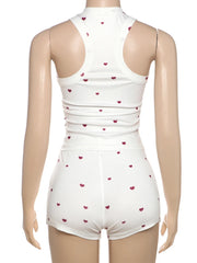 Heart Print Ribbed Tank Top And Boxer Shorts Set