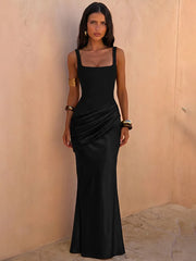 Square Neck Sleeveless Satin Waist Ruched Mermaid Maxi Dress